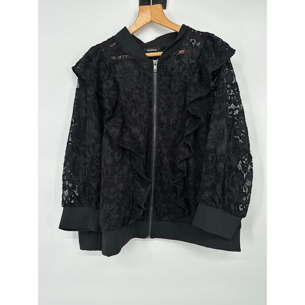 TORRID Black Lace Ruffle Zip Bomber Jacket Size 2 2X Whimsigoth Dark‎ Fairy Punk